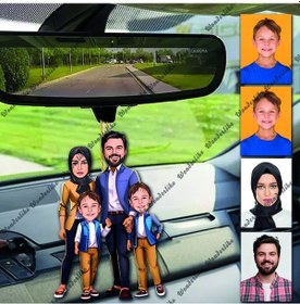 Resim Anne Ve Baba İkiz Çoçuk Tasarımlı Ahşap Araba Dikiz Ayna Süsü 