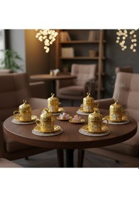 Resim Yonca Desenli 6 Kişilik Porselenli Kapaklı 24 Parça Altın Renk Fincan Seti Altın 