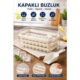 Resim Syn Aksesuar Basmalı Kapaklı Buz Kalıbı Seti - Hazneli, Kürekli ve Kolay Çıkarmalı Buz Yapıcı 