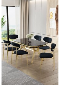 Resim Canisa Olya Serisi 90x168 Lak Panel Sonata Masa Takımı Gold Ayaklı 6 Antrasit Sandalye Sonata Masa Antrasit Sandalye 