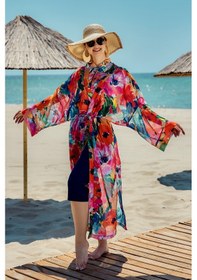 Resim Remsa Mayo Remsa Tesettür Mayo Üzerine Tek Kaftan Kimono Pareo Lacivert02 Rp030 Flowers Lacivert 