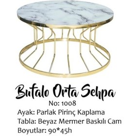 Resim Brc Bufalo Sehpa Orta Model 1008 Beyaz Mermer Temper Cam Metal 