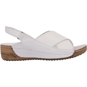Resim Hakiki Deri Çapraz Bantlı Arkadan Ayarlı Rahat Taban Dolgu Topuk Kadın Sandalet Napa-311 Beyaz 