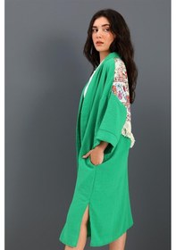 Resim Kimono Arkası Baskılı Püsküllü Keten - Yeşil Çok Renkli 