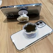 Resim Çiçek Desenli Açılır Telefon Standı - Dahili Makyaj Aynalı, Yapışkan PP Malzeme, Ayarlanabilir Açı, Seyahat ve Masa Kullanımı İçin Kompakt Tasarım - Çift Fonksiyonlu Telefon Tutucu & Ayna, Taşınabilir Ayna, Şık Aksesuar, Dayanıklı Destek 