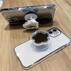 Resim Çiçek Desenli Açılır Telefon Standı - Dahili Makyaj Aynalı, Yapışkan PP Malzeme, Ayarlanabilir Açı, Seyahat ve Masa Kullanımı İçin Kompakt Tasarım - Çift Fonksiyonlu Telefon Tutucu & Ayna, Taşınabilir Ayna, Şık Aksesuar, Dayanıklı Destek 