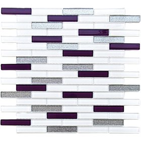 Resim MozaiKristaL Mutfak tezgah arası, 15x73x4mm. Beyaz-Mürdüm-Gümüş, 30x30cm. Fileli Cam Mozaik. 