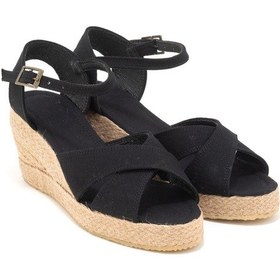 Resim Star Tombis Gerçek Elişi 9cm Topuklu Platformlu Dolgu Topuk Keten Çapraz Sandalet Handmade Siyah 