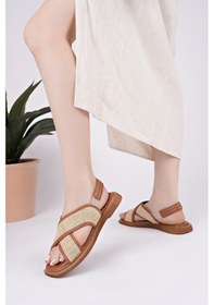 Resim Muggo Elisha Lastikli Kadın Günlük Hasır Sandalet Taba 