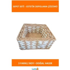 Resim Kare Örgü Desenli Doğal Hasır Saklama Sepeti Seti 3'lü 1 Adet 