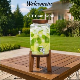 Resim Welcomein Akasya Standlı Cam Sebil 5l Musluklu Soğuk Içecek Dispenseri Limonata, Detoks Suyu, Meyve Aromaları 
