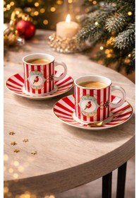 Resim Qerhome 2'li Retro Kuş Desenli Kırmızı Çizgili Türk Kahvesi Fincanı Seti 90 Cc Kırmızı - Gold 