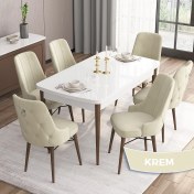 Resim Canisa Concept Are Serisi Mdf 80 x 132 cm Açılabilir Beyaz Masa Ceviz Ayak Mutfak Masası Takımı 6 Sandalye Gümüş Halkalı 