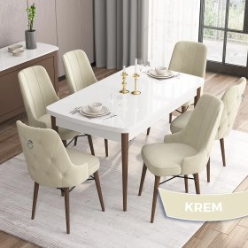 Resim Canisa Concept Are Serisi Mdf 80 x 132 cm Açılabilir Beyaz Masa Ceviz Ayak Mutfak Masası Takımı 6 Sandalye Gümüş Halkalı 