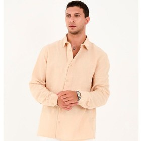 Resim R-6048 Ayaklı Yaka Arka Roba Detaylı Uzun Kol Müslin Gömlek Bej 