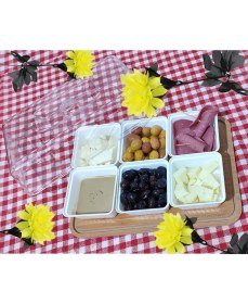 Resim Abnturk Ahşap Tepsili 6 Göz 8 Parça Kahvaltılık Seti Şeffaf Fanus Kapak 