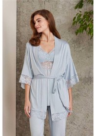Resim Pierre Cardin Dantelli Sabahlıklı Penye Pijama Takımı Mist 001 