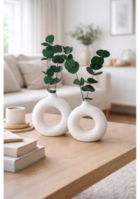 Resim Mevidecor Halka Vazo 15 Cm & 10 Cm Modern Dekoratif Yuvarlak Çember Vazo Salon Masa Üstü Obje Beyaz 