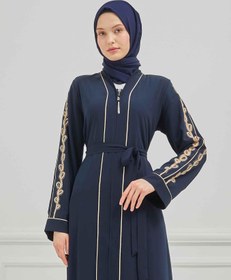 Resim Taş ve Kurdele Nakışı Detaylı Biyeli Abaya Ferace Lacivert | 206795 - 48 / Lacivert 