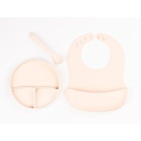 Resim Krem Rengi 3’lü Silikon Yemek Seti – Önlük + Diş Kaşıyıcılı Kaşık + Vakumlu Tabak 