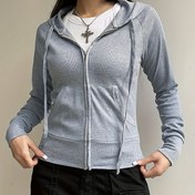 Resim Drawstring Zipper Ön Dar Kesim Kapüşonlu Sweatshirt, Rahat Düz Renk Eğimli Cep Raglan Uzun Kollu Sweatshirt, Kadın Giyim 