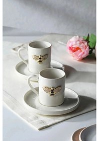 Resim 2 Kişilik Beyaz Porselen Arı Kahve Fincan Takımı Sunum Fincanı Beyaz 