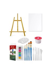 Resim Mini Şövale Akrilik Boya Seti 9 Ml 12 Renk Tuval Seti 25x35 Plastik Spatula Seti Çok Renkli 