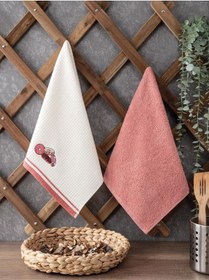 Resim 2 Li Mutfak Havlusu Kırmızı Renk Kiraz Nakışlı Kırmızı 