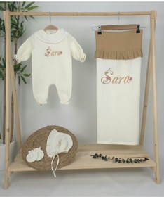 Resim Gros Shop Müslin Yeni Doğan 4katlı Organik %100pamuk Kişiye Özgü Nakışlı Hastane Çıkış Seti Papatya Model-13 Ekru-3 