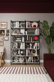 Resim ASRA TREND Kül Gri METALK02 6 Raflı İkili Metal Kitaplık 110 cm Genişlik Endüstriyel Modern Kütüphane%100 MDFLAM Raf Ünitesi 