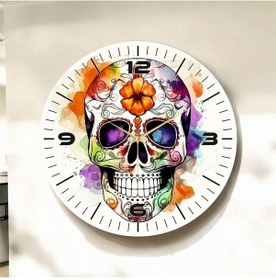 Resim Renkli Baskı Kuru Kafa Desenli Sayılı Hediyelik Ahşap Sessiz Duvar Saati 50cm ÇOk Renkli 