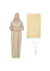 Resim Namaz Elbisesi Eşarp Seccade Tesbih Set, İslami Giyim Takım Ferace Turban Şal Taba 