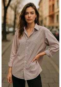 Resim Rich Kadın Bordo Çizgili Beyaz Oversize Gömlek Over Fit Relaxed Gömlek Çok Renkli 