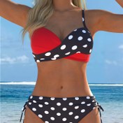 Resim Kadınlar için Şık Avrupa ve Amerika Tarzı Bikini Takımı - V-Yaka, Yüksek Esneklikli Polyester-Elastan Karışımı, Polka Dots Tasarımı ile Çapraz Askılar, Kolsuz Üst ve Alt, Plaj ve Havuz Kenarı için Mükemmel 