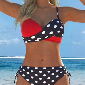 Resim Kadınlar için Şık Avrupa ve Amerika Tarzı Bikini Takımı - V-Yaka, Yüksek Esneklikli Polyester-Elastan Karışımı, Polka Dots Tasarımı ile Çapraz Askılar, Kolsuz Üst ve Alt, Plaj ve Havuz Kenarı için Mükemmel 