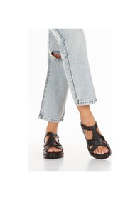 Resim İç Dış Deri Ortopedik Platform Taban Kadın Sandalet Siyah 