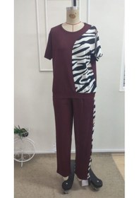 Resim Efnaz Style Kadın Kısa Kollu Bisiklet Yaka Zebra Desen Bluz Ve Pantolon Ikili Takım Bordo 