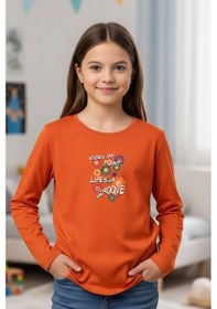 Resim Yuvarlak Yaka Renkli Çiçek Baskılı Kız Çocuk Sweatshirt Turuncu 
