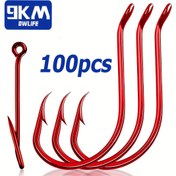 Resim 100 Adet Kırmızı Ahtapot Dairesel Oklar - Sağlam 2X Güçlü Ofset Tasarım, Sivri Dişli Ucu Büyük Olta İpi için Deniz ve Tatlı Su Balıkçılığı, Çekirge, Şaşkınbalık, Levrek, Şahin, İstakoz balığı ile Canlı Yem Avcılarına Özel (100 adet) Parlak Kırmızı Renk, Çok Dayanıklı & Hassas, 9KM DWLIFE Marka, Devasa Boyutlar için Mükemmel 