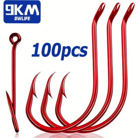 Resim 100 Adet Kırmızı Ahtapot Dairesel Oklar - Sağlam 2X Güçlü Ofset Tasarım, Sivri Dişli Ucu Büyük Olta İpi için Deniz ve Tatlı Su Balıkçılığı, Çekirge, Şaşkınbalık, Levrek, Şahin, İstakoz balığı ile Canlı Yem Avcılarına Özel (100 adet) Parlak Kırmızı Renk, Çok Dayanıklı & Hassas, 9KM DWLIFE Marka, Devasa Boyutlar için Mükemmel 