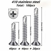 Resim 100 adet 410 Paslanmaz Çelik M4.2*(13-19-25Cm) Paslanmaz Çelik Çapraz Düz Başlı Kendinden Delme Vidası Çeşitli Modeller Başlığı ve Uç Kanat Vidaları ile. Ahşap Metal Alanlarında Geniş Kullanımlıdır. 