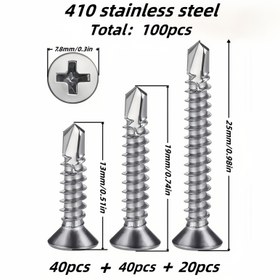 Resim 100 adet 410 Paslanmaz Çelik M4.2*(13-19-25Cm) Paslanmaz Çelik Çapraz Düz Başlı Kendinden Delme Vidası Çeşitli Modeller Başlığı ve Uç Kanat Vidaları ile. Ahşap Metal Alanlarında Geniş Kullanımlıdır. 