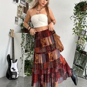 Resim Kadınlar için Vintage Yama Baskılı Çok Katmanlı Etek Ucu Yarım Etek İlkbahar/Yaz Stili 