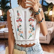 Resim Kadın Yazlık Çiçekli İşlemeli Patchwork Kolsuz Gömlek, Kontrast Dantel, Yuvarlak Yaka, Normal Kalıp, Polyester %95 Spandeks %5, Dokuma Kumaş, 120G/M², Dışarı Çıkmak İçin Kazaklar 