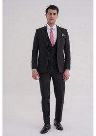Resim Efor Slim Fit Çift Yırtmaç Ekoseli Esnek Yünlü Yelekli Klasik Siyah Takım Elbise Tk 934 Siyah 