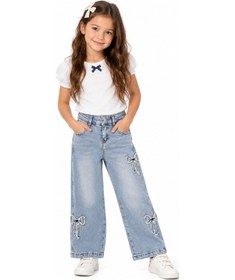 Resim İrem Kız Çocuk Kurdele Detaylı Geniş Paça Model Bel Lastik Ayarlamalı Mavi Renk Kot Pantolon 