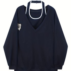 Resim Kadınlar için İki Parça Hafif Kore Stili Üst, 2025 Yeni Rahat Tasarım Gevşek Sweatshirt Seti, Bahar/Yaz/Sonbahar Halter Boyun Off-Shoulder Crop Top ve T-Shirt Seti, Makinede Yıkanabilir, Peri Rahat Kıyafetleri İçin Temel, Açık Hava ve Tarihler İçin Mükemmel Seçim, İç Katman ile Birlikte Gelir 