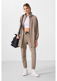 Resim Koyu Bej Dik Yaka Fermuarlı Rahat Form Kadın Eşofman Tunik Takım - 95345 Bej 