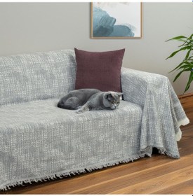 Resim Purecot Premium Pamuklu Püsküllü Koltuk Örtüsü 180x220 Çift Taraflı Terletmez Kaymaz , Antrasit Antrasit 