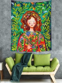 Resim Pelangi Çiçekler İçindeki Kız Relax Mistik Leke Tutmaz Kumaş Duvar Örtüsü Duvar Halısı Tapestry PNTR040, 35 x 50 